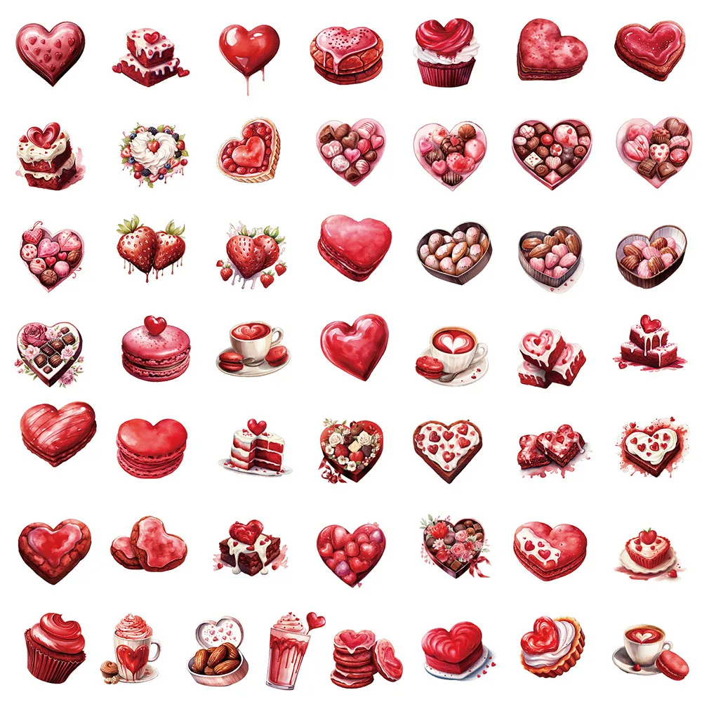 Pegatinas de pastel de Chocolate para el Día de San Valentín, calcomanías de dibujos animados con forma de corazón, comida, bebida, diario de teléfono, guitarra, regalos, 10/30/50 piezas