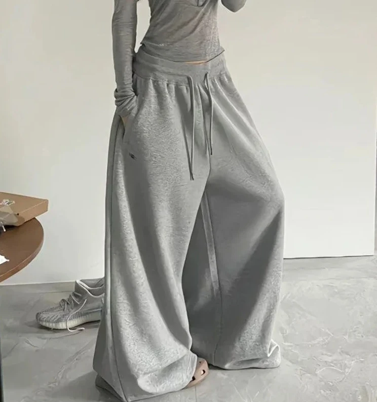 Y2K خمر فضفاض Sweatpants النساء الخريف جديد الكورية فضفاض بنطال ذو قصة أرجل واسعة الشارع الشهير عادية سستة يطير الإناث السراويل