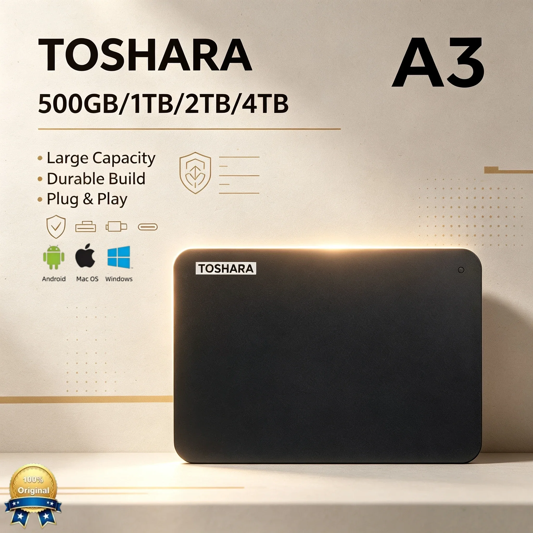 TOSHARA A3 Portable SSD Boost Gaming Storage 4TB 2TB 1TB 500GB Encrypted Backup Original for Desktop Laptop Mac