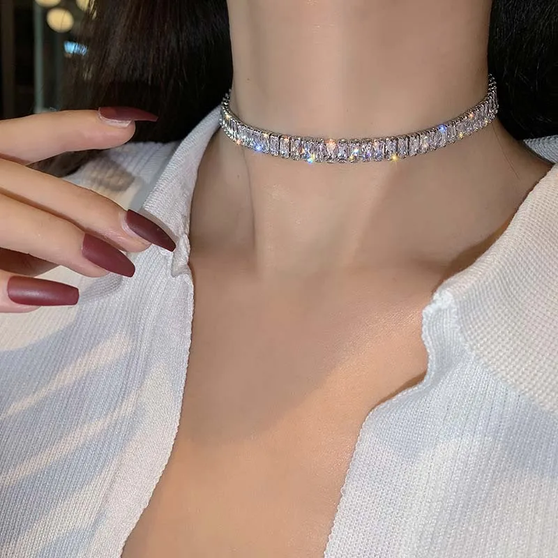 Luxury Shiny Zircon Square Choker Necklaces for Women Exquisite Crystal Short Sexy Necklace Wedding Bride Jewelry Gift