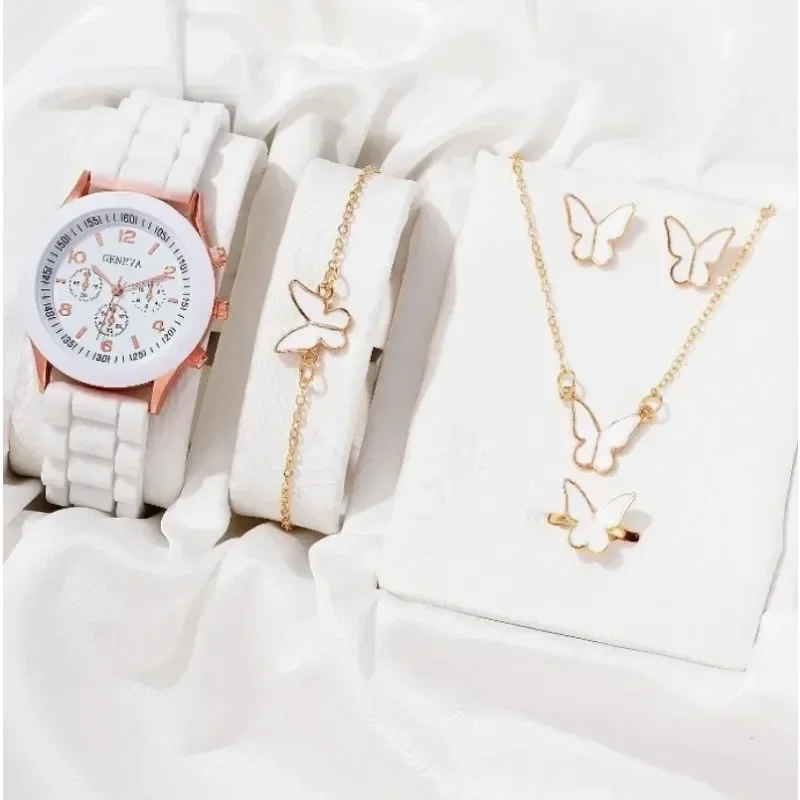 2/5pcs Women Watch Ring Necklace Earrings Bracelet Set Watches Butterfly Leather Strap Ladies Quartz WristWatch (No Box)