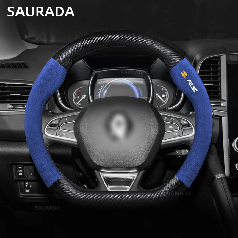 RS Leather Car Steering Wheel Cover, Non-Slip Cover for Renault Logan Clio Megane 2 3 4 Captur Twingo Duster Kadjar Koleos, 38cm