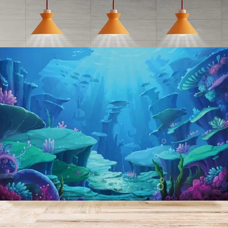 Underwater World Photography Backdrop Background Under The Sea Marine Life Coral Reef Birthday Party Backdrop Wall Banner Decor