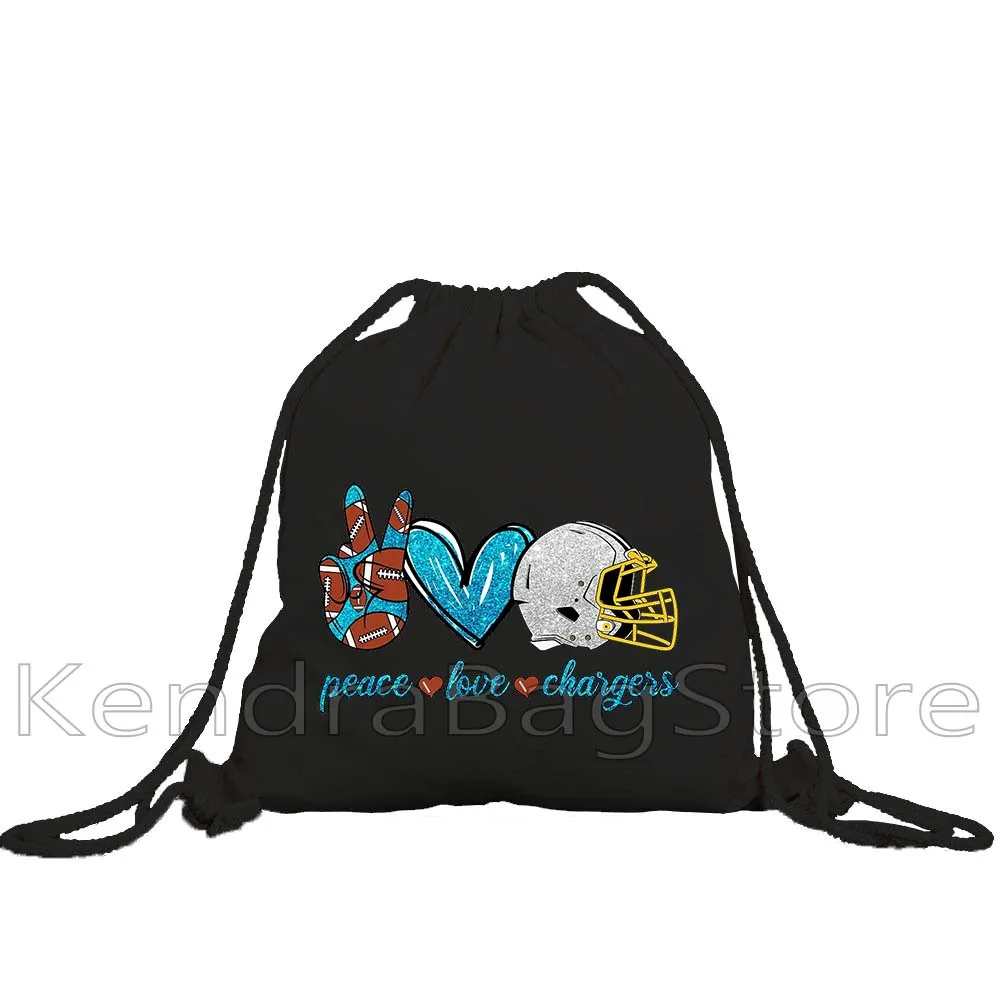 Cute Peace Love Chargers Football Team Print Birthday Gifts Canvas Drawstring Bag Soccer Backpack Sackpack String Bag for Sports