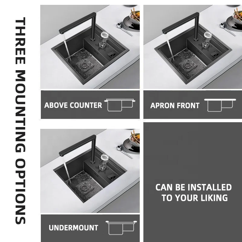 Black Stainless Steel Hidden Kitchen Sink Handmade Portable Sink Small Size Concealed Balcony Sink with Faucet Cup Washer