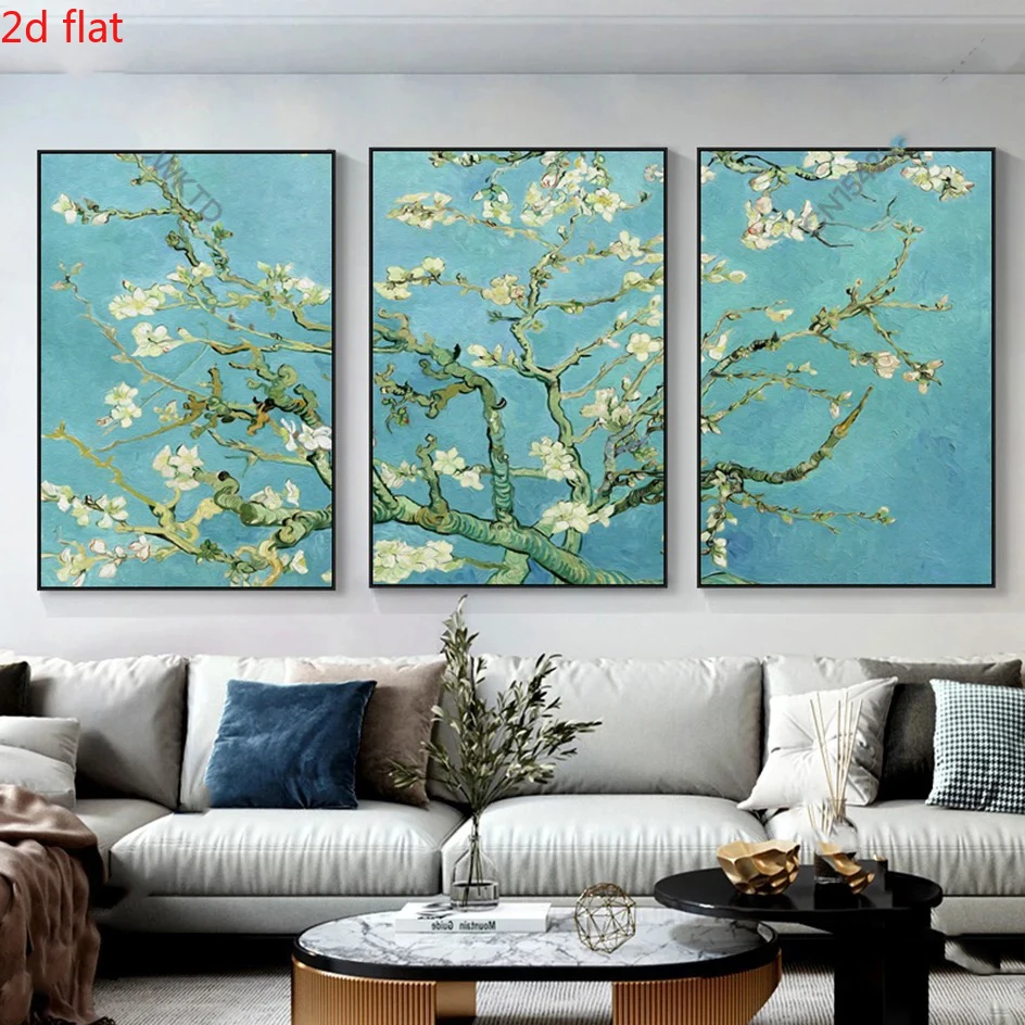 3pcs frameless Canvas Painting （NO Frame 3PCS）-2D Flat, 3pcs Van Gogh Almond Blossom Tree Wall Art - Vertical Wrapped Canvas Fra