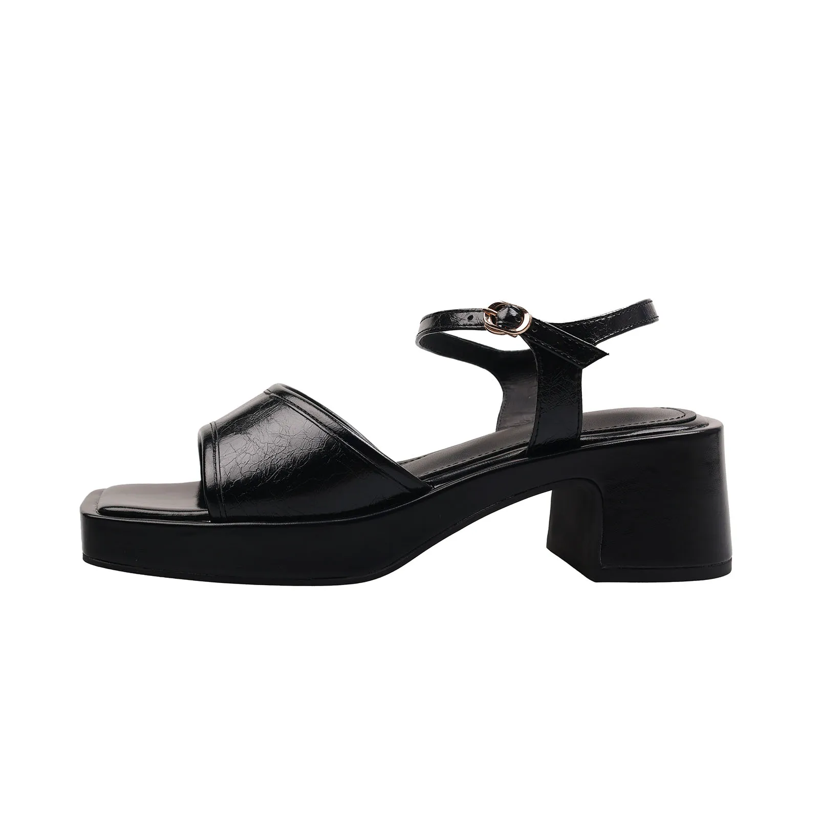 

Arden Furtado 2025 Summer black sheepskin Square toe Chunky heel Open toe word-cingulate sandals platform Commuter shoes