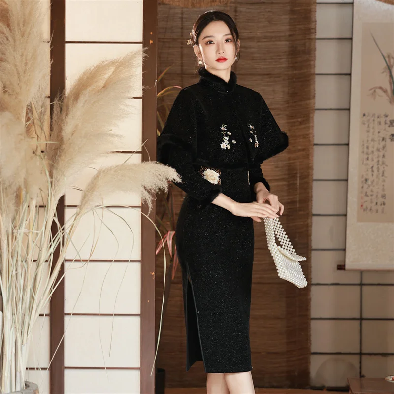 Chinesische Traditionelle Abendkleid Frauen Qipao Eleganti Dünne Lange Schal + Cheongsam Stickerei Winter Chinesische Neue Jahr Kleidung 2023