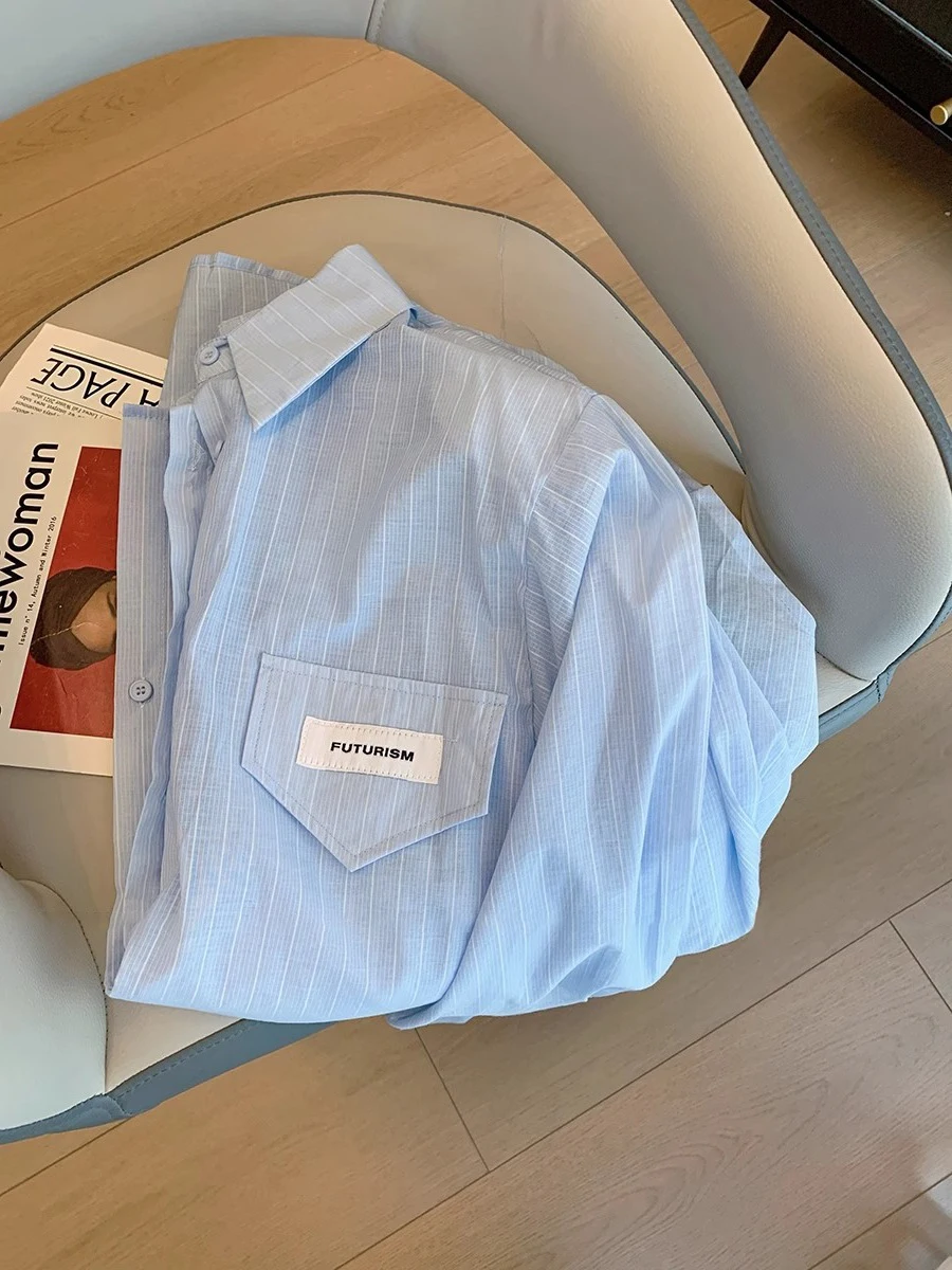 Koreaanse Sle Los Blauw Gestreept Casual irt ex Lente Herfst Uniek Ontwerp Ele Vrije tijd Veelzijdige Bovenkleding Trendy