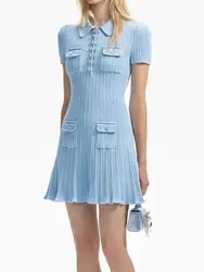 Women Diamond Buttons Dress Ribbed Turn-down Collar Short Sleeve Slim 2024 Summer Knitted Mini Robe