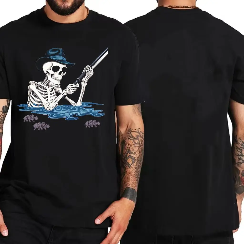 White T - shirt with Skeleton Graphic: Skeleton in Dark Blue Fedora Holding Rifle (Shotgun) Over Blue Wavy Water, Spider - Bug -