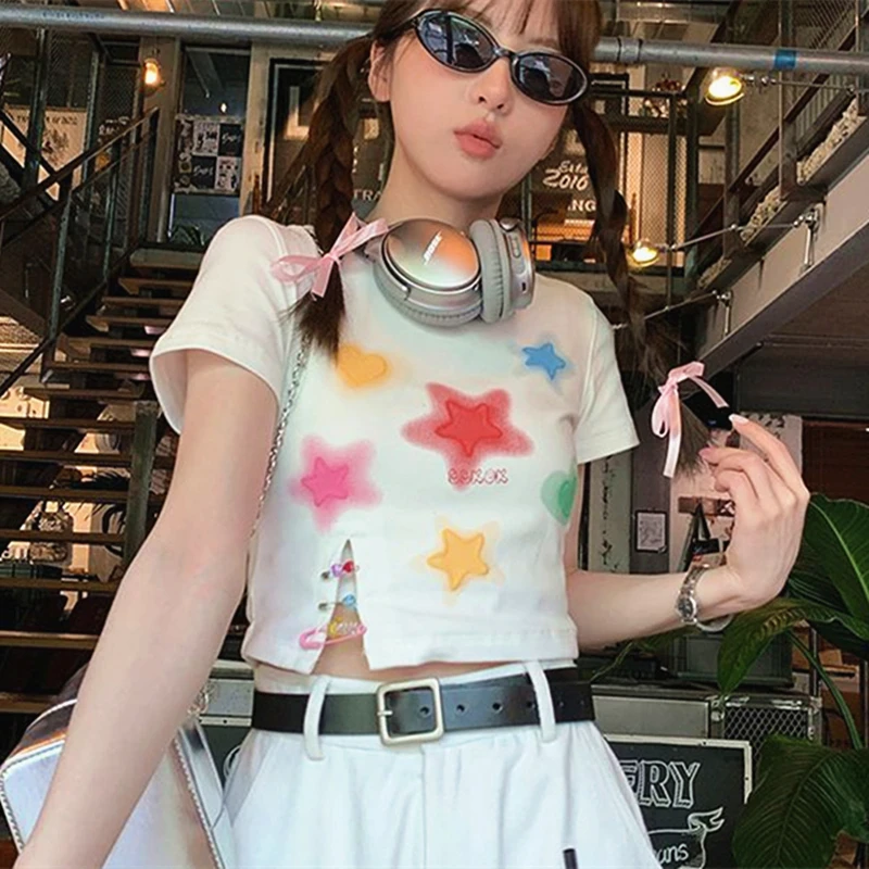 Korean Cute Star Print Graphic T Shirts Mini Crop Tops Women Girls Kawaii Grunge Clothes Hip Hop Streetwear Students Slim Summer