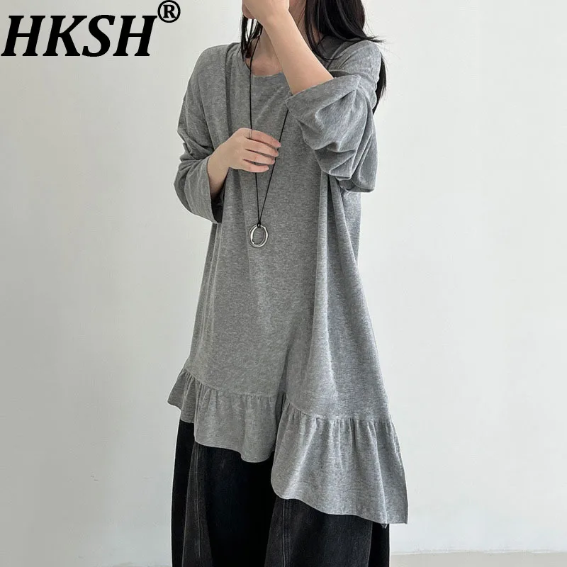 

HKSH Весенне-Осенняя новая женская футболка с круглым вырезом и длинными рукавами с рюшами по подолу, асимметричные однотонные универсальные корейские повседневные топы HK12881