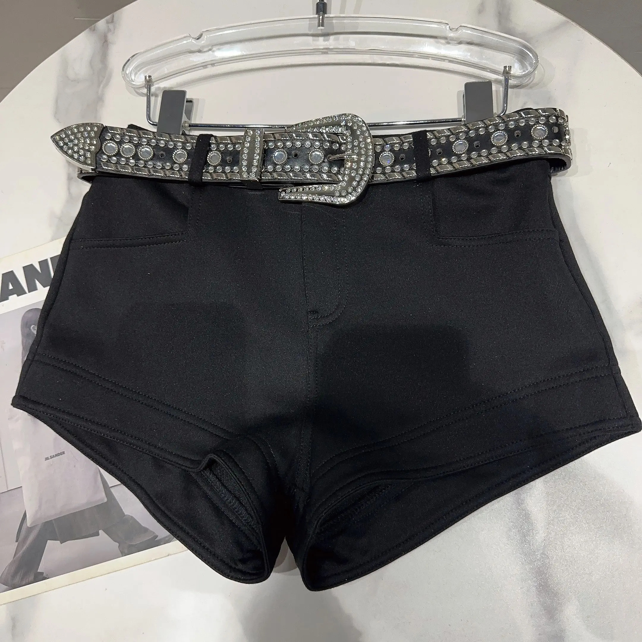 k Sle Heavy Work Cinto de strass de partículas grandes Design ort orts Super ort Calças para mulheres da moda Perna reta Casu...