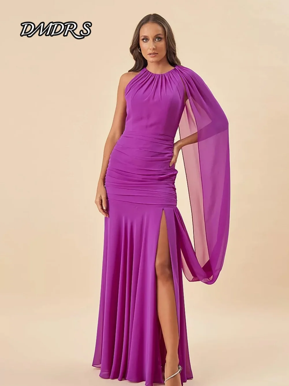 

Romantic One Shoulder Evening Dress Charming Chiffon A-line Party Gown Classic Round Neck Floor-Length Party Dresses فساتين سهرة