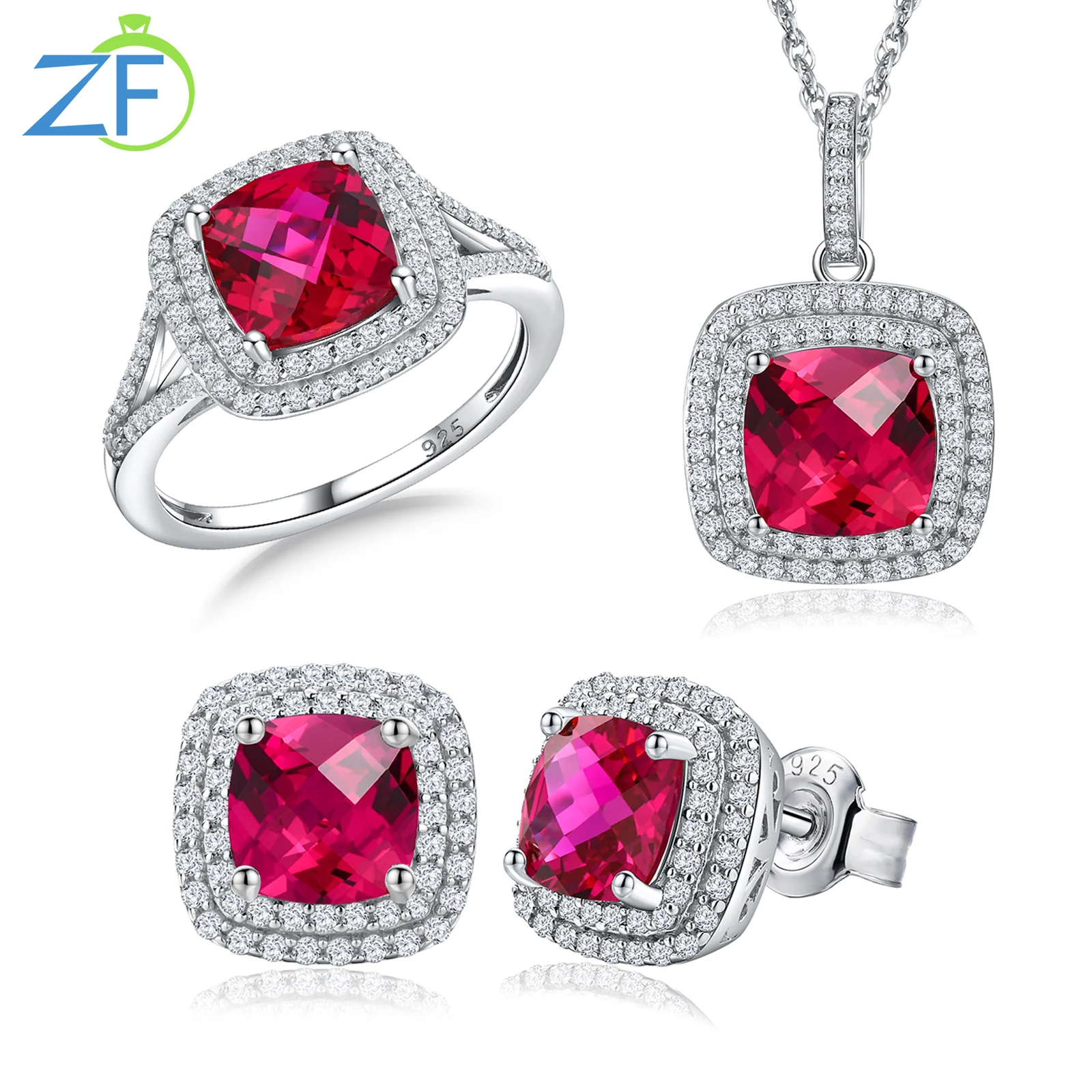 GZ ZONGFA 925 Sterling Silver Ruby Jewelry Set High Carbon Diamonds Necklace Stud Earrings Ring Wedding Jewelry Set For Women