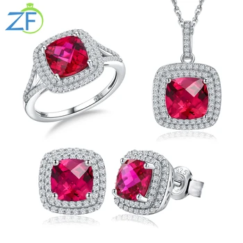 GZ ZONGFA 925 Sterling Silver Ruby Jewelry Set High Carbon Diamond Necklace Stud Earrings Ring Wedding Jewelry Set For Women