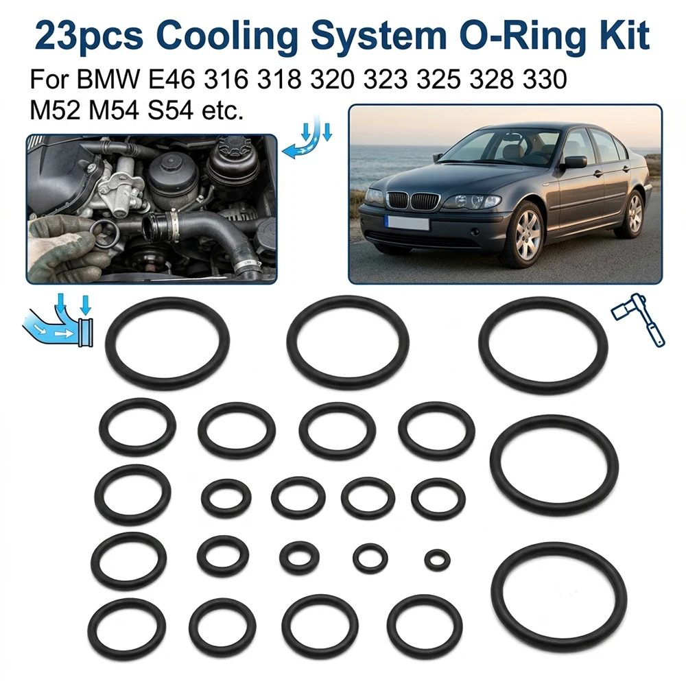 For BMW E46 316 318 320 323 325 328 330 M52 M54 S54 Radiator Hose O Ring 323i 325i 328i 330i 23pcs Cooling System O-Ring Kit