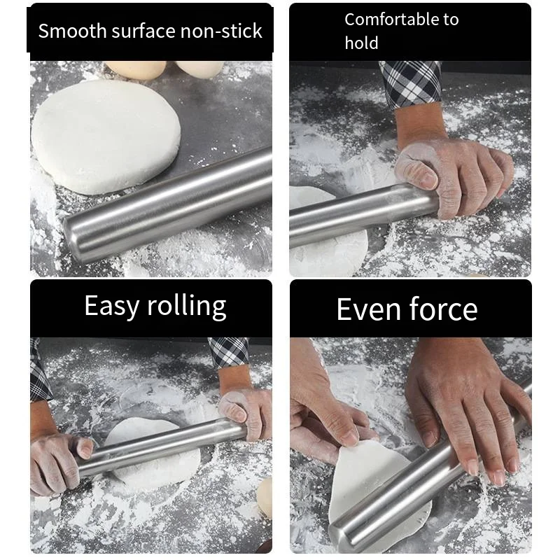 40cm304Stainless SteelFrench Rolling Pin Metal for Bakers Cookie & Pastry Dough and Dough Bakeware Roller Dishwasher Safe