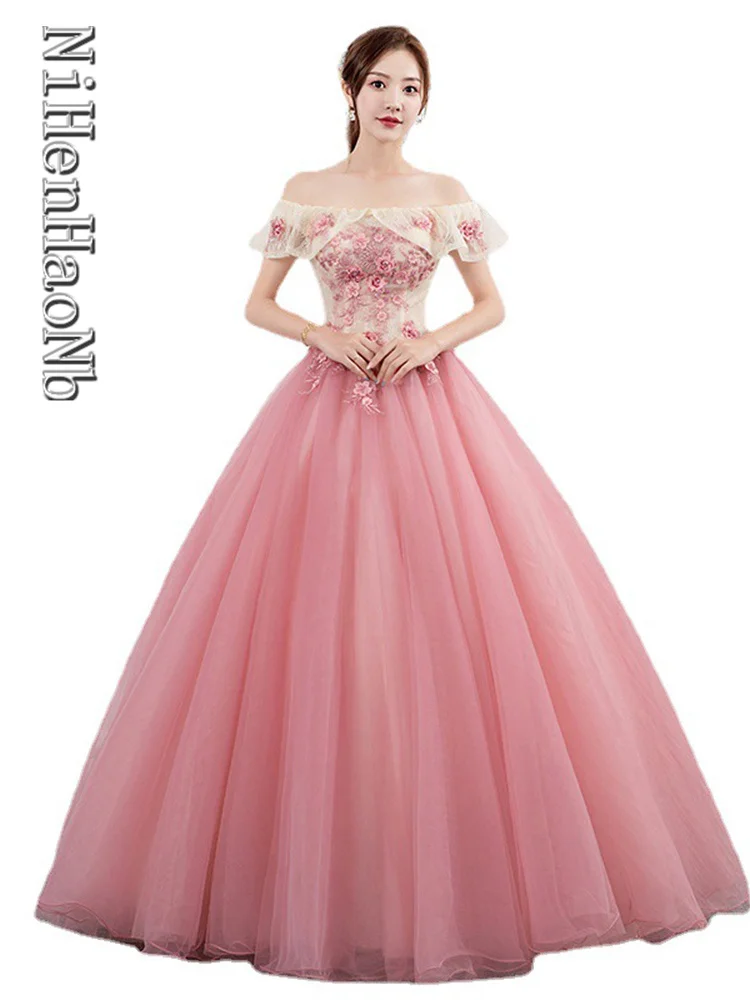 

New Light Pink Long Sweet Women Princess Quinceanera Dresses Bridesmaid Banquet Party Ball Performance Dress Gown