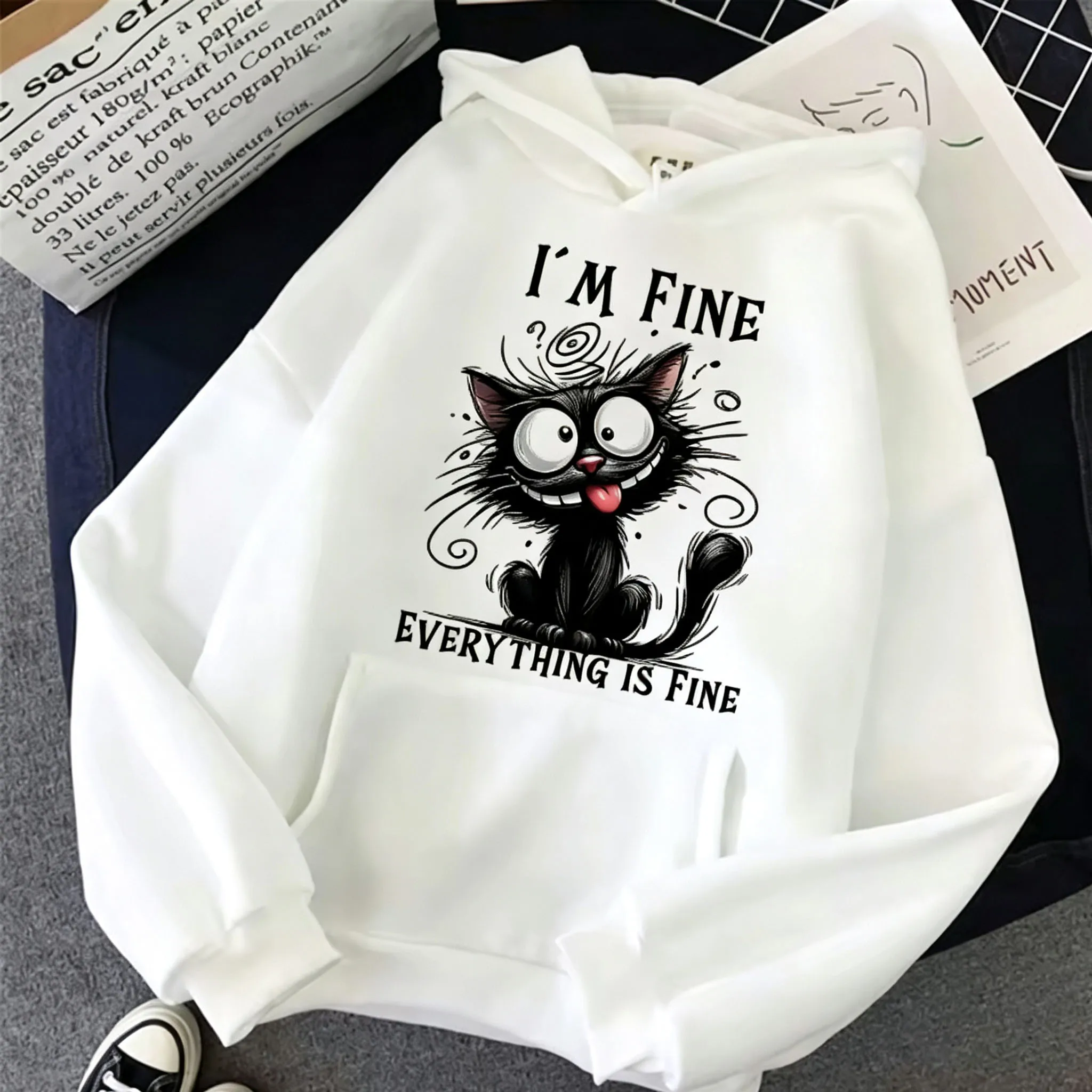 Damen „I'm Fine Everything Is Fine“ Schwarzer Katzen-Hoodie Lässiger Loser Langarm-Kapuzenpullover Lustiger Cartoon-Pullover Streetwear – Detail 7