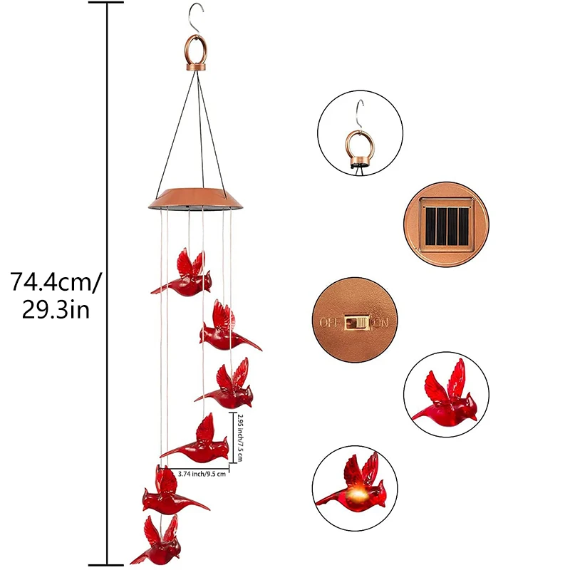 1/2pc Solar Red Hummingbird Wind Chime Light LED Hummingbird Courtyard Wind Chime Light Landscape Light Courtyard Light