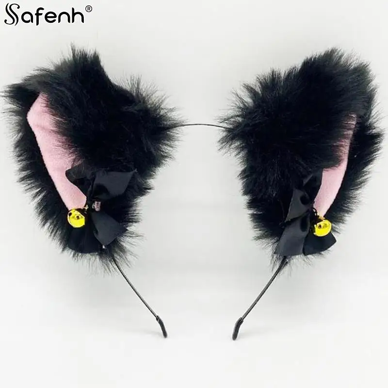 Sexy Cat Ears Headband  Lace Bow Necklace Plush Bell Hairband Cosplay Masquerade-Party Costume Hair Accessories For Women Girls