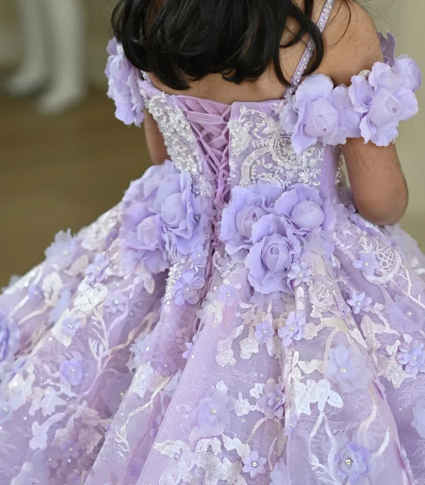 Robes de demoiselle d'honneur lavande pour mariage, avec des Appliques florales de perles, longueur au sol, robes de fête d'anniversaire pour enfants, robes de première communion