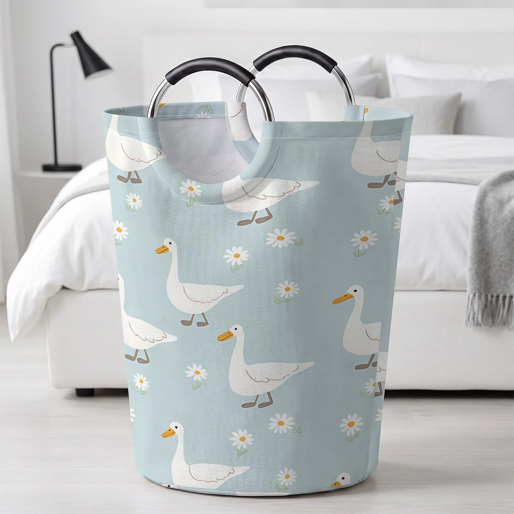 White Goose And Daisy All‑Over Print Handheld Storage Basket, For Laundry, Bedroom & Home Sundries Storage