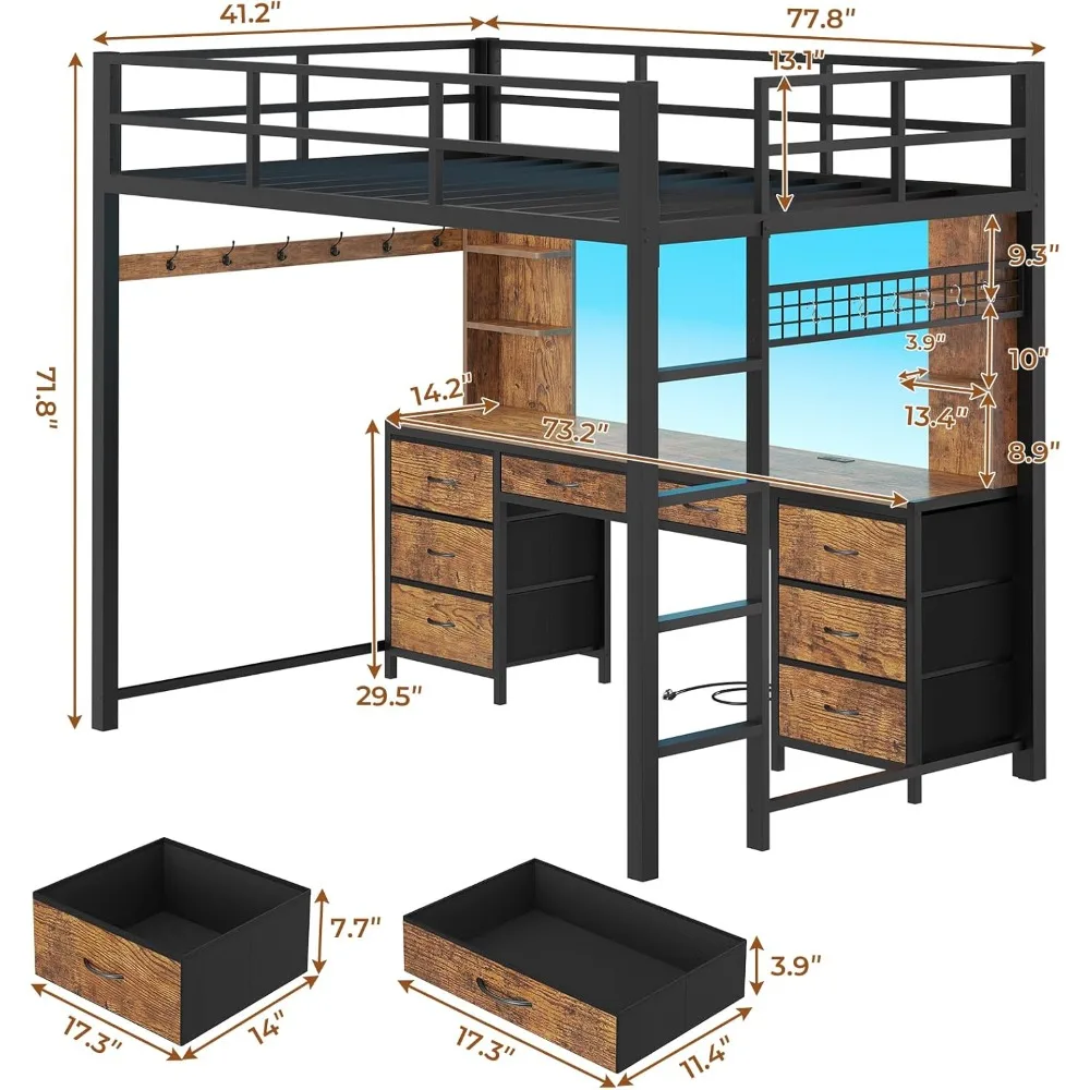 سرير علوي مع مكتب، سرير علوي معدني مزدوج مع 8 أدراج للتخزين ومحطة شحن وأضواء LED، 4 أرفف تخزين مفتوحة، Noise-Fr #2