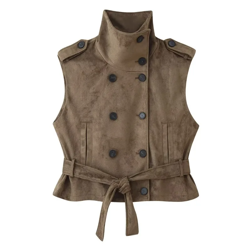 Damen-Weste aus Wildlederimitat, ärmellos, doppelreihig, mit selbstbindendem Gürtel, hohem Kragen, Taschen, Schulterklappen, Oberbekleidung, Top 2026 – Detail 1