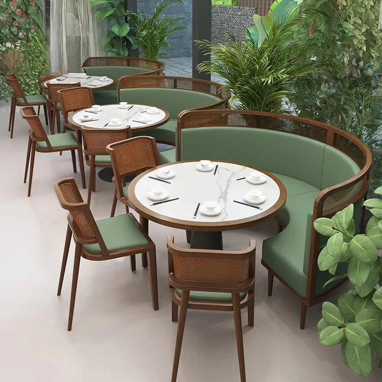 Coffee Shop Fast Food Curved Cafe Commercial Round Restaurant Sofa Bench Booth Seating Marble Furniture Wood Table and Chair Set