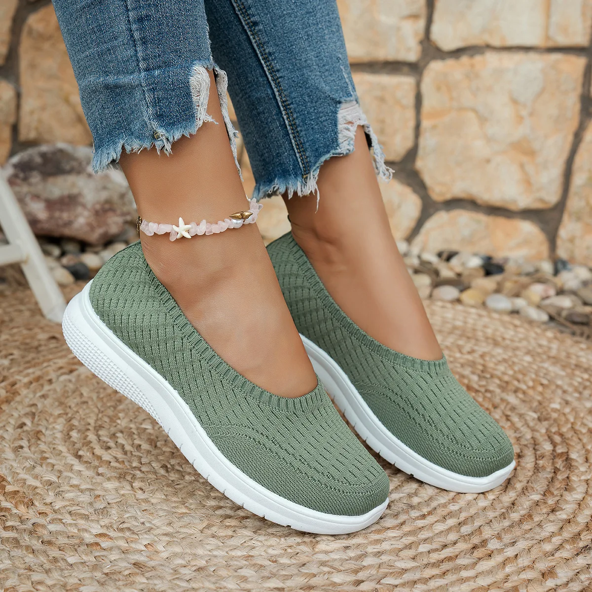 Hohlstrick-Slip-On-Keilsneaker für Damen, atmungsaktiv, rutschfest, weiche Kissensohle, für den täglichen Gebrauch, lässige Mutter-Schuhe – Detail 16