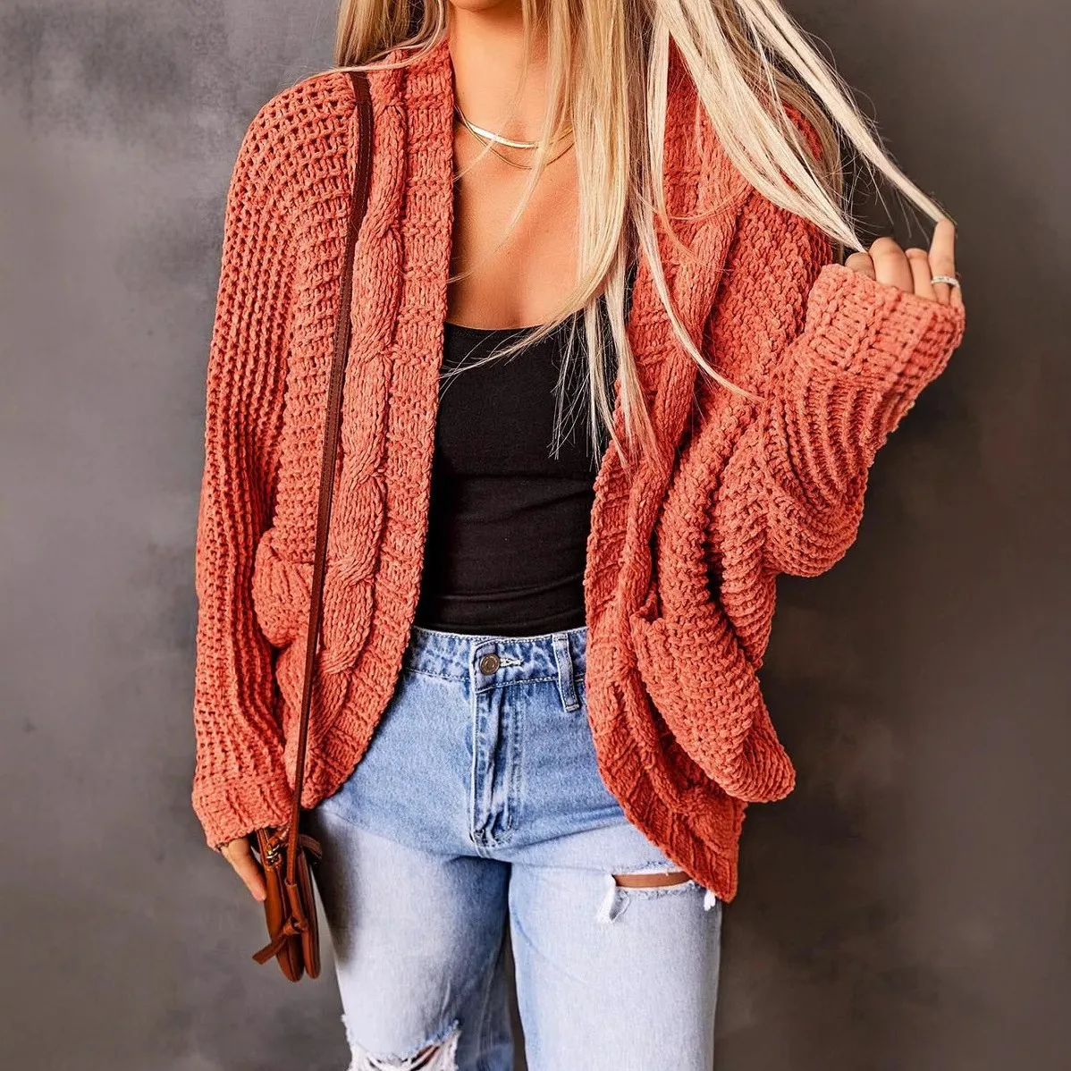 女性秋冬ニットカーディガンセーターコートレディースバットウィングスリーブニットウェアジャケット