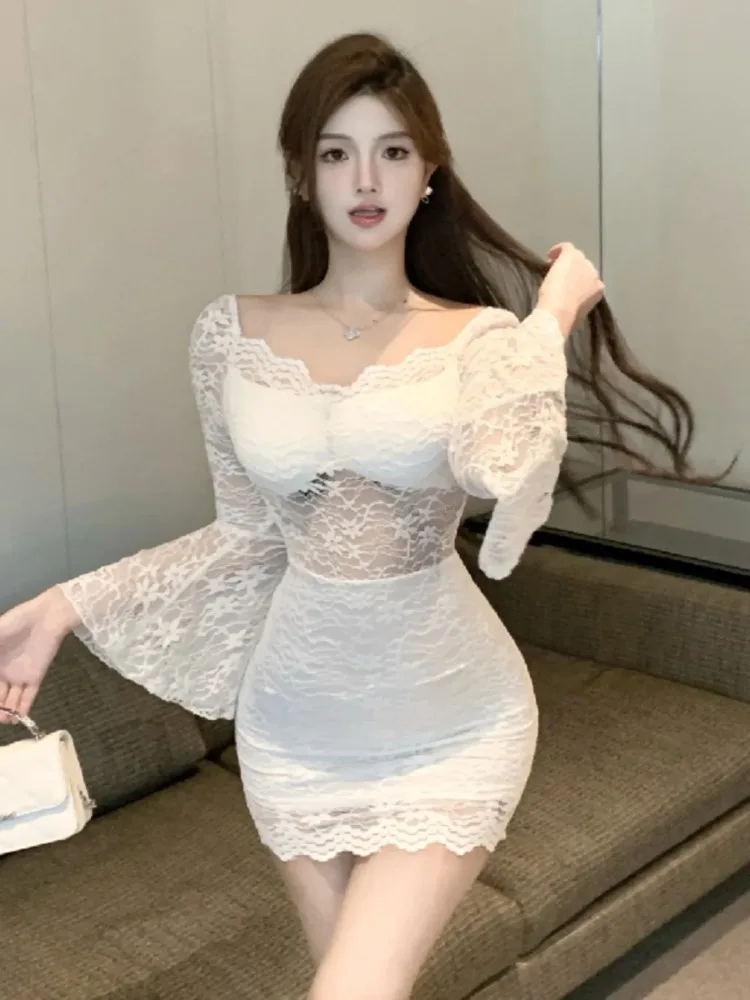 

Korejepo Gentle Exposed Collarbone Sexy Lace Dress Flared Sleeves High Waist Temperament Thin Slightly Transparent Hip Skirt