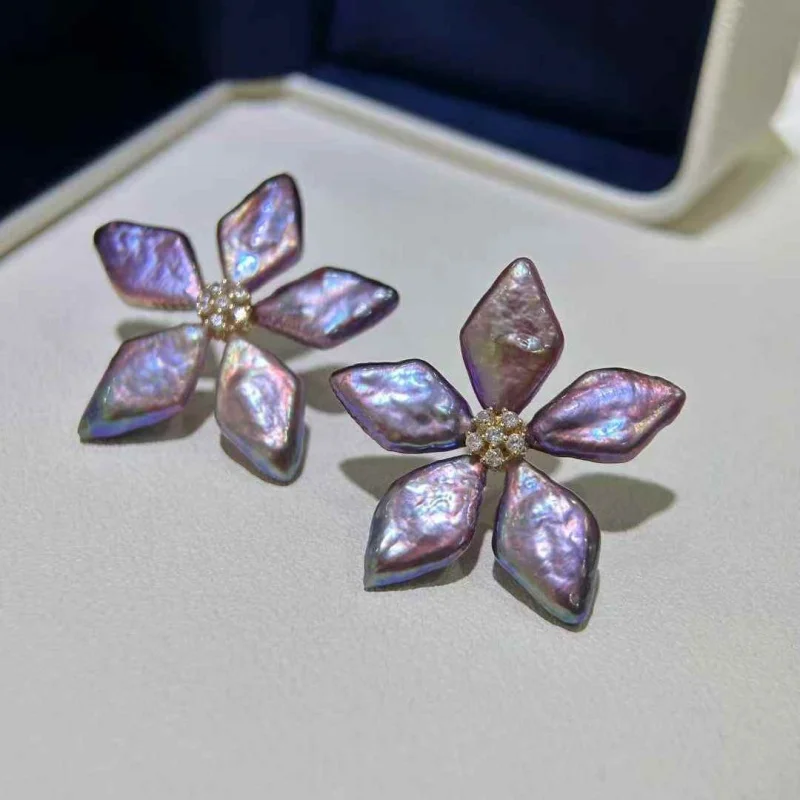 

SGARIT Aurora Iridescent Mirror-Lustered Purple Freshwater Pearl Earrings S925 Sterling Silver 5 Petals Pearl for Women
