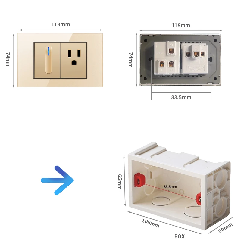 118 Gold Glass Plate Piano Key Reset Switch Thaimei Standard USB Wall Socket Smart Home Appliance Plug Adapter 2.1A Fast Charge