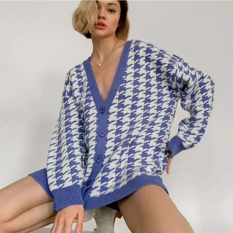 HELIAR Vintage Houndstooth Cardigan Women Streetwear Loose Long Sleeve V Neck Knitted Coats American Retro Casual Oversize Tops