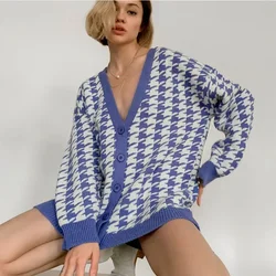 HELIAR Vintage Houndstooth Cardigan Women Streetwear Loose Long Sleeve V Neck Knitted Coats American Retro Casual Oversize Tops