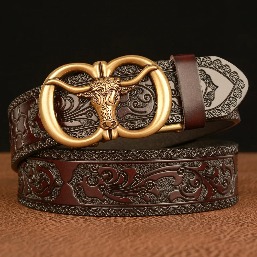 

Bull spirited automatic buckle men's belt, casual and fashionable Tang grass pattern embossed belt, ox zodiac personalized belt