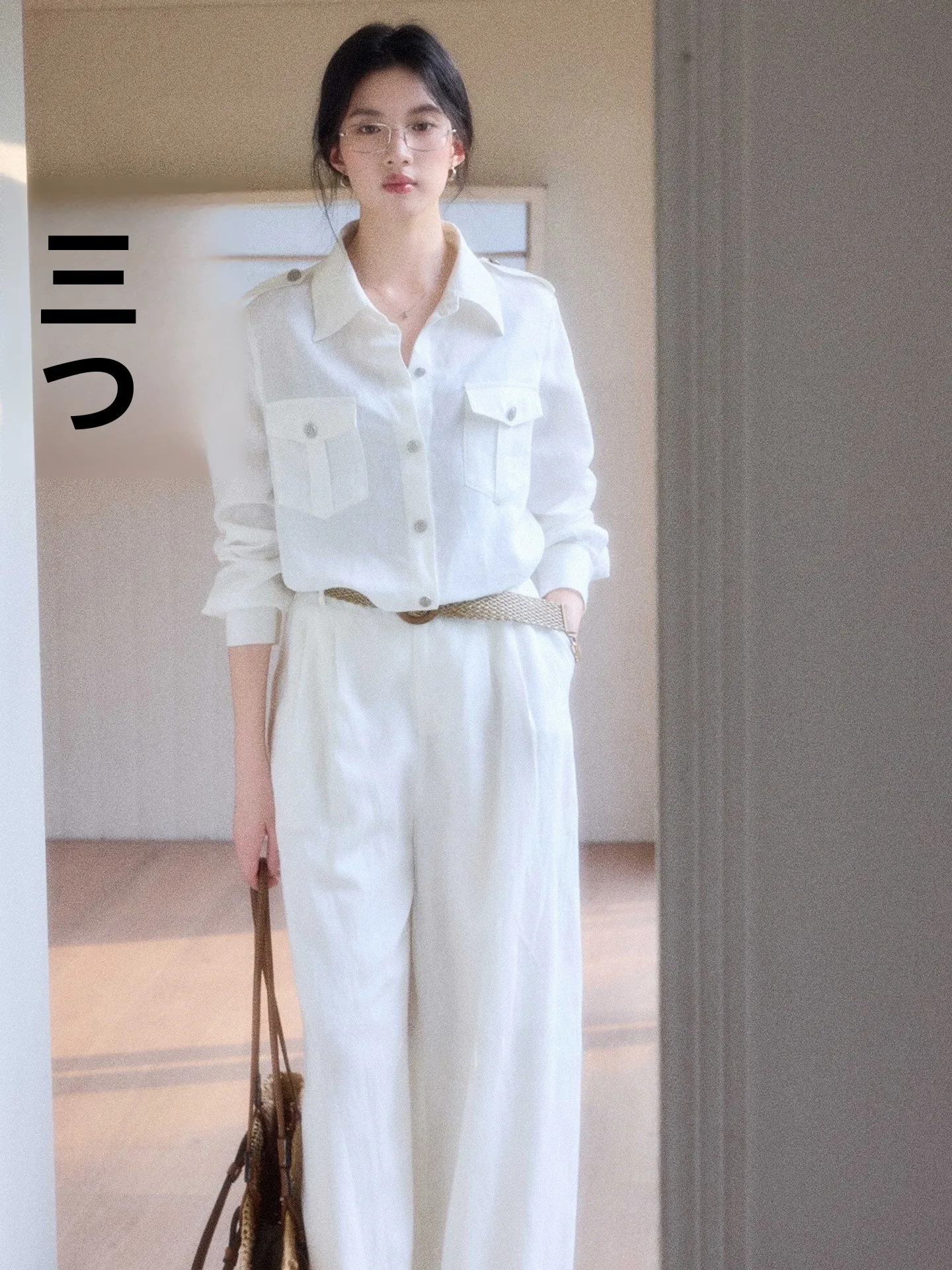 

Ele Commute White Long Sve irt Casual Wide Leg Pants Two Piece Set by Er Yang Design Comfortable Breathable Cotton L...