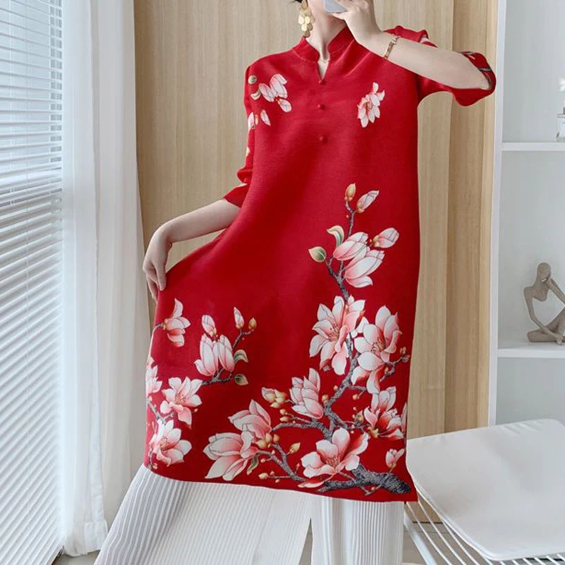 

Chinese style retro red dress 2023 Autumn loose fitting Summer one piece formal event dress Korea women