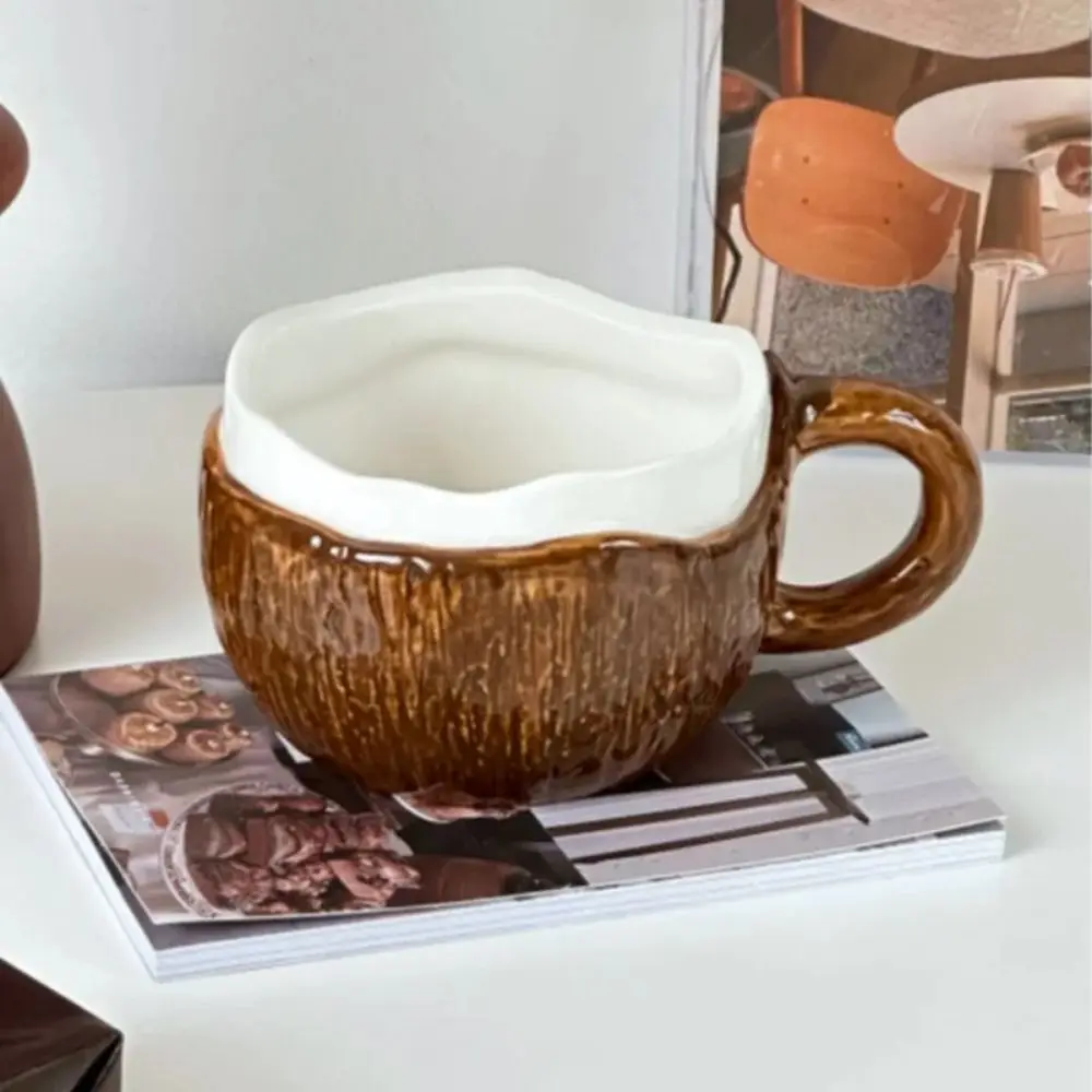 Taza de cerámica de coco de mano Irregular con cuchara, taza de agua de cáscara de coco de imitación, contenedor de desayuno fácil de limpiar INS