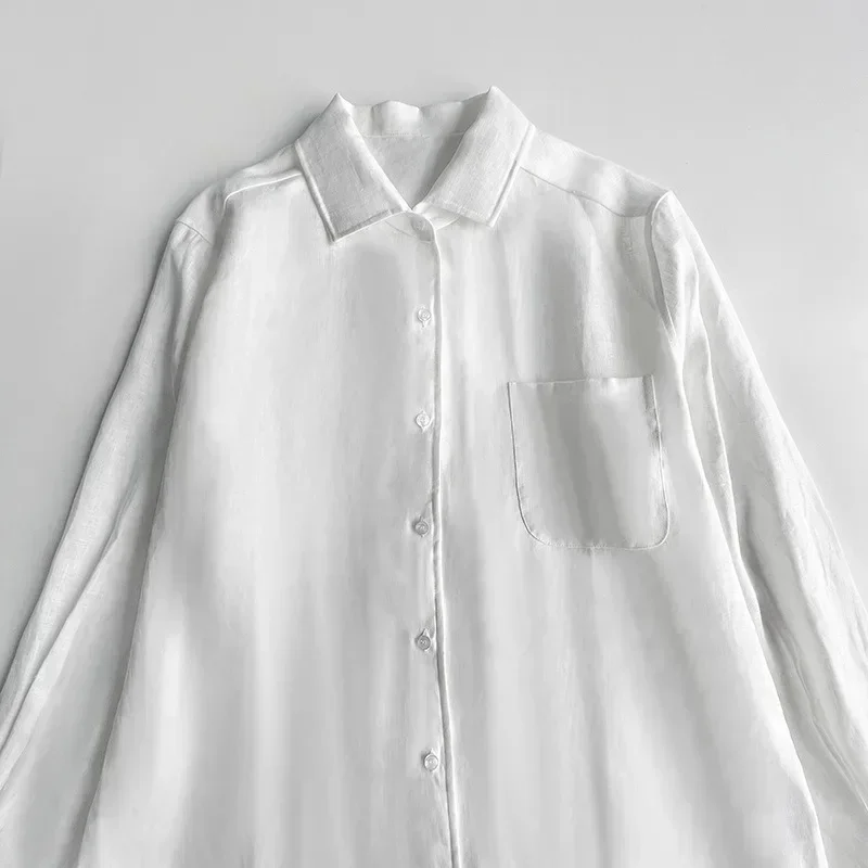 POLO Collar Long Sleeve Silhouette for Women, Transparent Shirt, Texture Texture, Layered, Elegant Top, Dry Linen