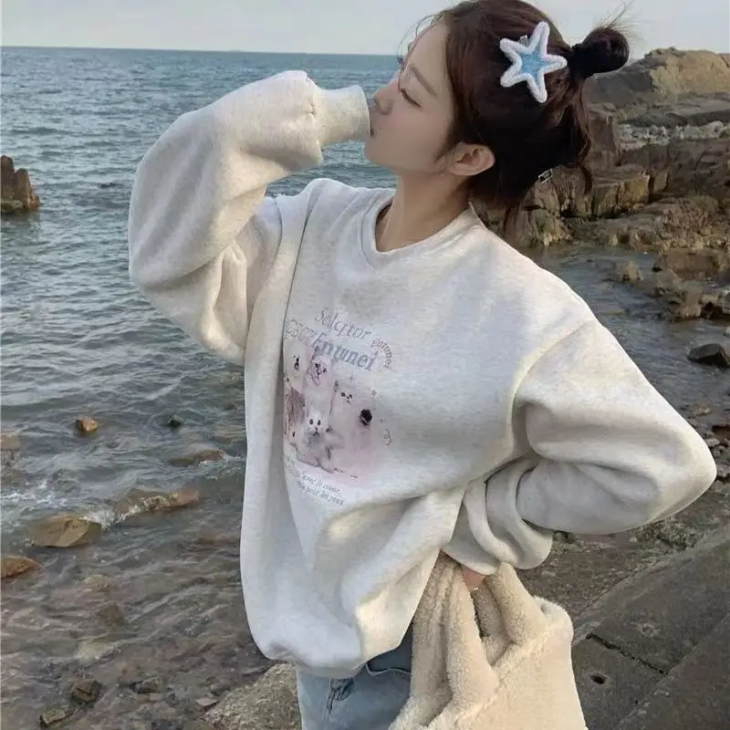 American Fun Cute Cat Print Sweet Cool Wind Crewneck Sweatshirt Women Long Sleeve Casual Couple Coat Korean Fashion Autumn 2022