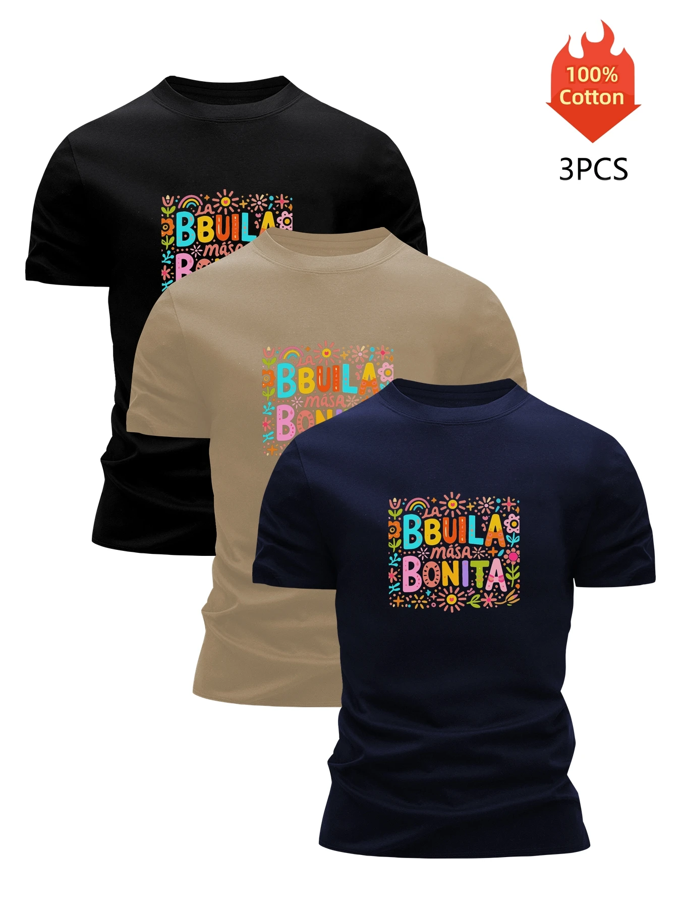 3 Pack Printed T-Shirt Men's 100% Cotton Graphic Tees Funny Summer Blouse Casual Breathable Cool Luxury High Quality Clothing