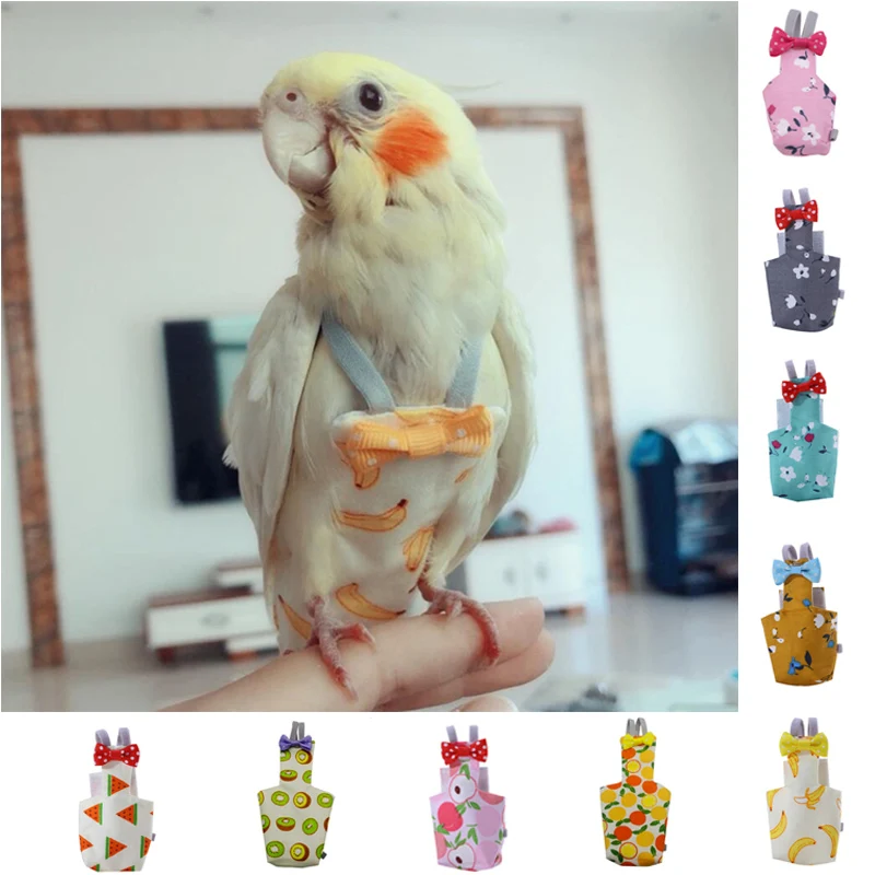 Parrot Diaper With Bowtie Cute Colorful Fruit Floral Cockatiel Pigeons Small Medium Large Pet Birds Flight Suit Clothes Washable