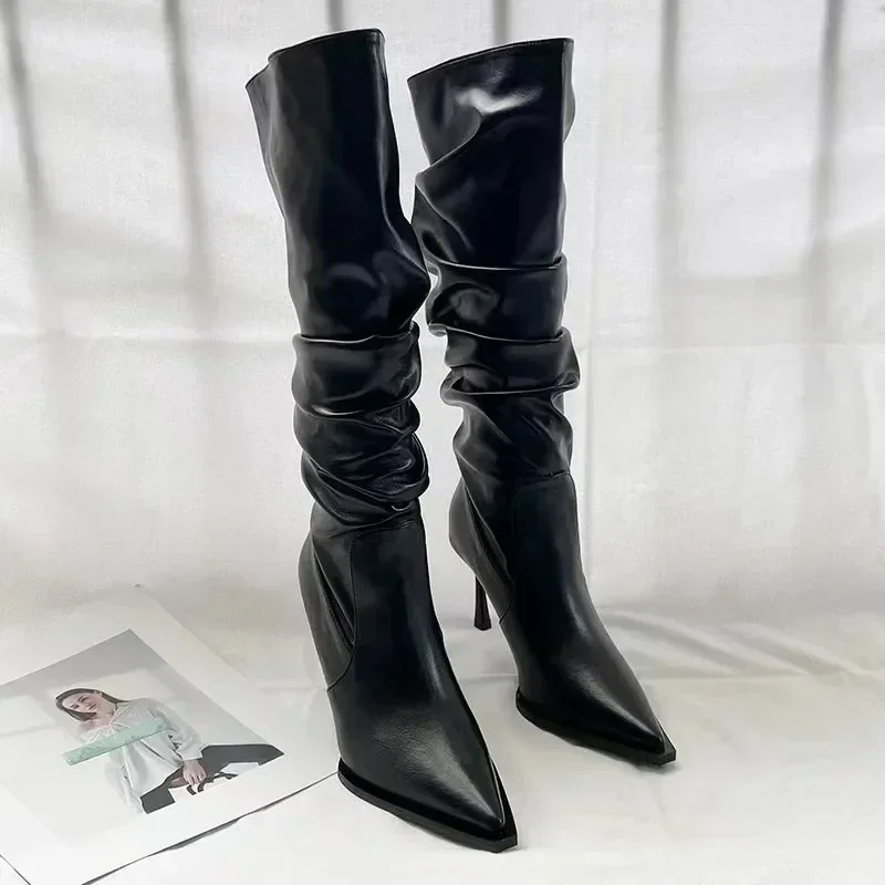 Fashion Pointed Pleated High Barrel Boots Women Trendy Thin Heel Stacked Boots High Heel Knee High Long Barrel Boots 2024