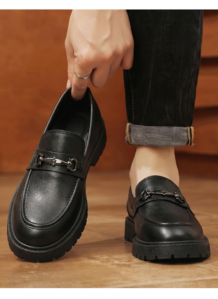 Herren-Loafer mit dicker Sohle, Metallschnalle, Slip-On-Lederschuhe, rutschfeste Plateau-Freizeitschuhe für Büro, Alltag und Party – Detail 12