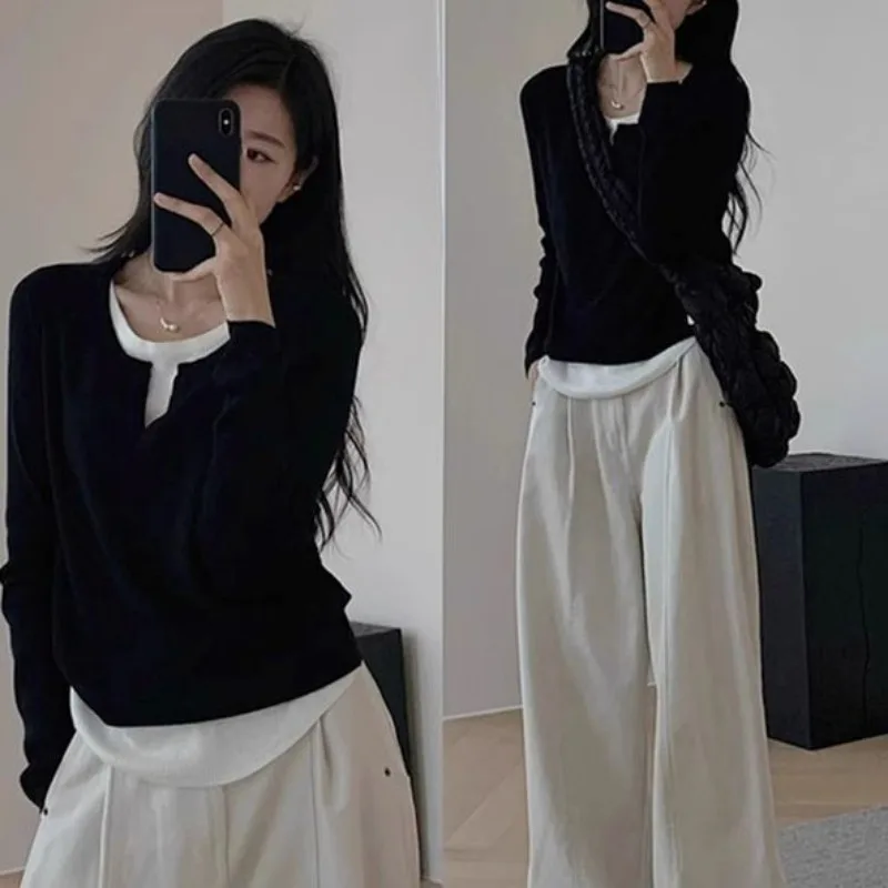 Fake Two Piece Long Sleeve T Shirt Women Korean Style Casual Irregular Contrast White Trim Tops Soft Stretch All Match Tshirt